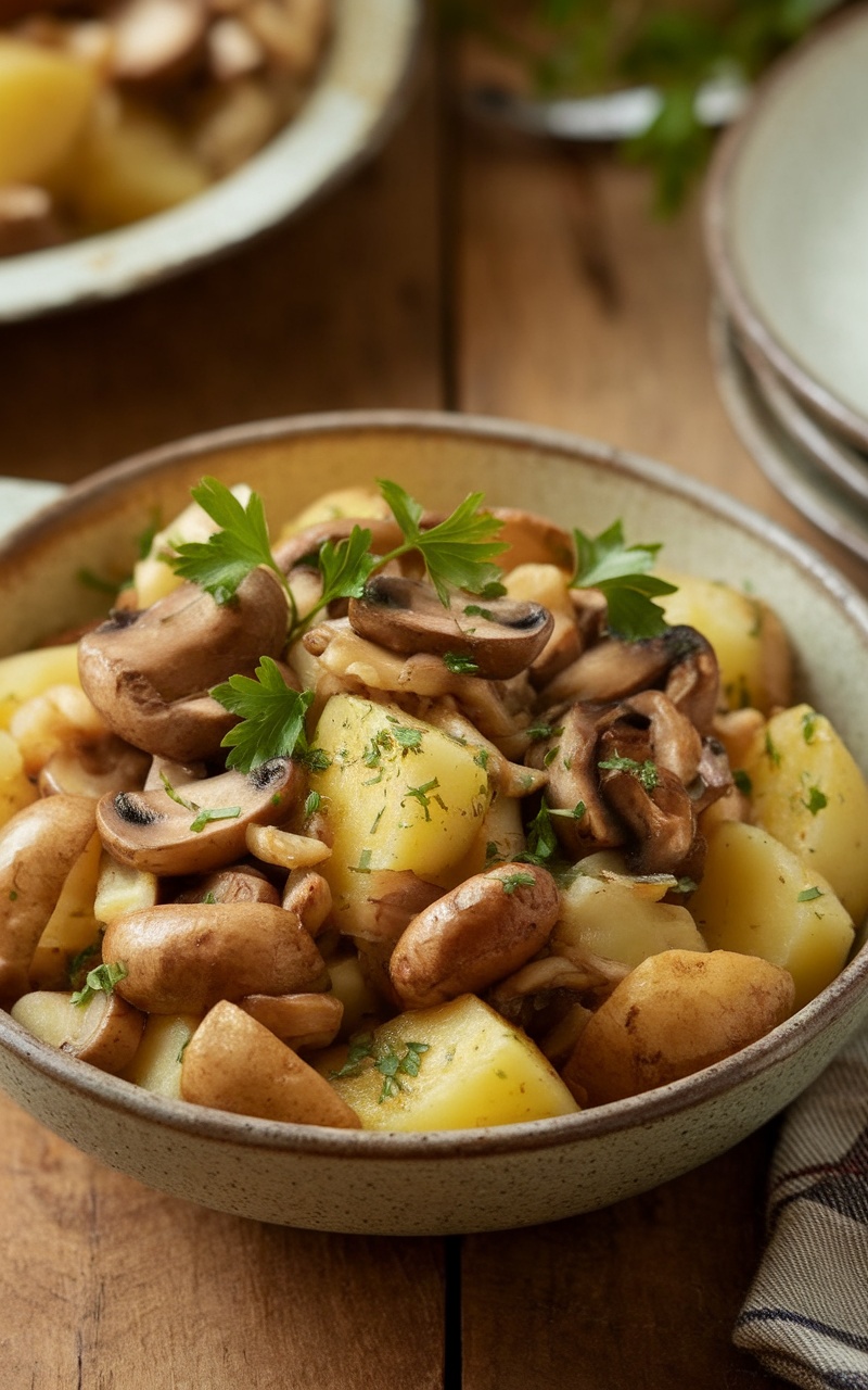 A comforting bowl of sautéed mushrooms and potatoes garnished with parsley.